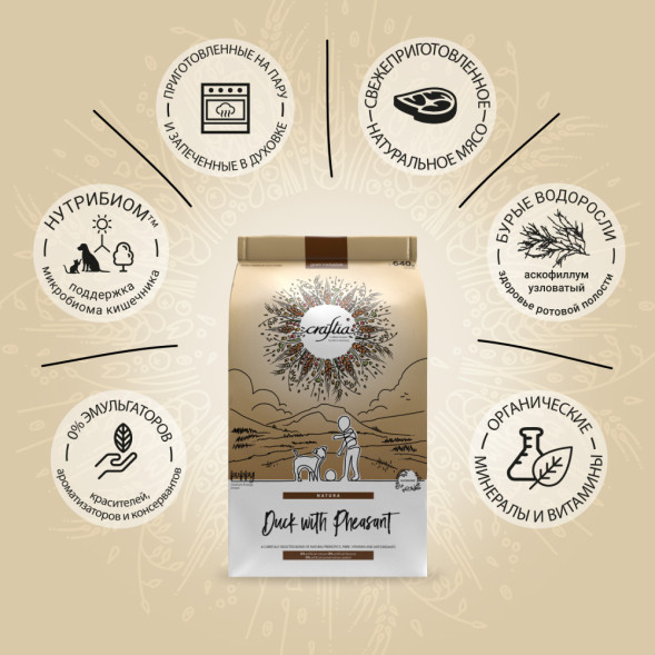 CRAFTIA NATURA сухой корм для щенков средних и крупных пород из с уткой и фазаном - 640 г