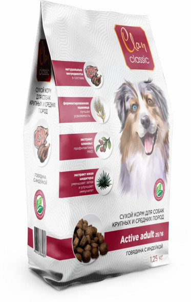 Clan Classic Active 25/16 сухой корм для активных взрослых собак крупных и средних пород с говядиной и индейкой - 1,25 кг