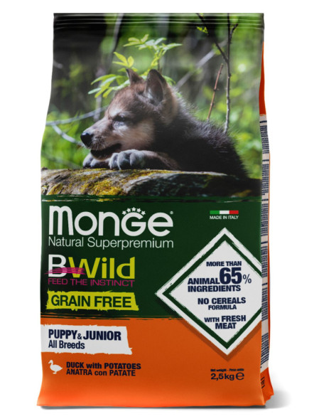 Monge Dog BWild Grain Free сухой беззерновой корм для щенков всех пород с мясом утки и картофелем 2,5 кг