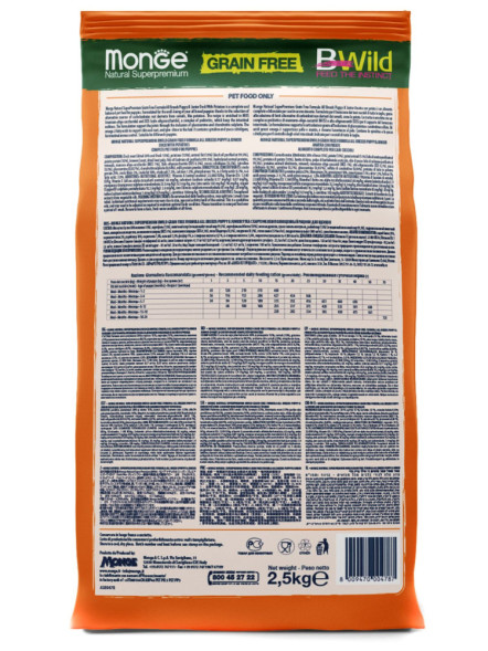 Monge Dog BWild Grain Free сухой беззерновой корм для щенков всех пород с мясом утки и картофелем 2,5 кг
