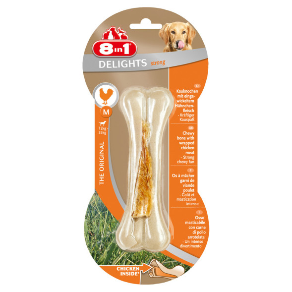 Лакомство 8in1 DELIGHTS Strong M косточка сверхпрочная с куриным мясом для средних и крупных собак 14,5 см