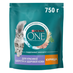 Сухой корм Purina ONE® для взрослых кошек для красивой шерсти, здоровой кожи и контроля образования волосяных комков с курицей 750 г