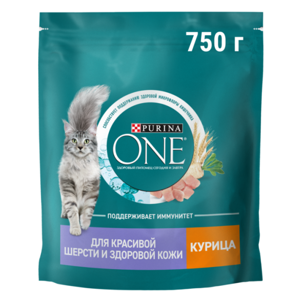 Сухой корм Purina ONE® для взрослых кошек для красивой шерсти, здоровой кожи и контроля образования волосяных комков с курицей 750 г