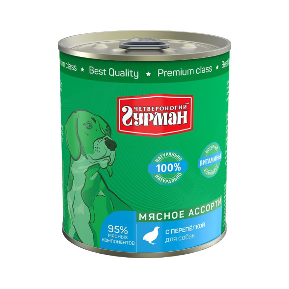 Четвероногий Гурман Мясное ассорти консервированный корм с перепелкой для собак - 340 г (12 шт)