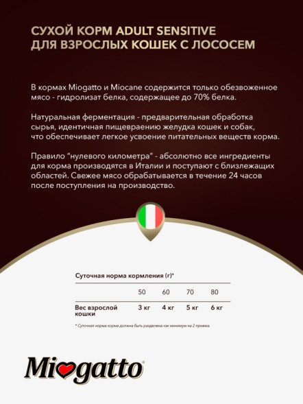 Miogatto Adult Sensitive сухой корм для взрослых кошек с лососем - 400 г