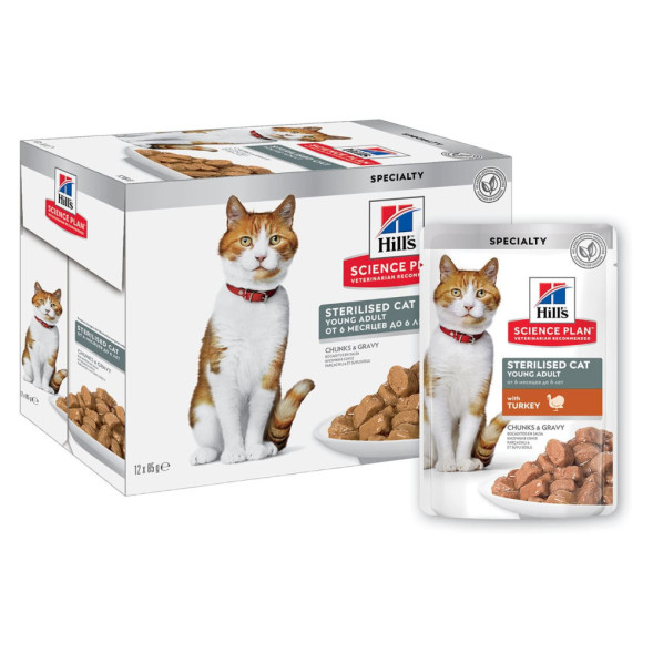 Влажный корм Hills Science Plan для молодых стерилизованных кошек и кастрированных котов, пауч с индейкой в соусе - 85 г х 12 шт