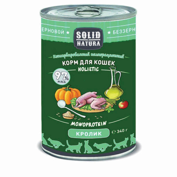 Консервы Solid Natura Holistic с кроликом для кошек - 340 г х 12 шт