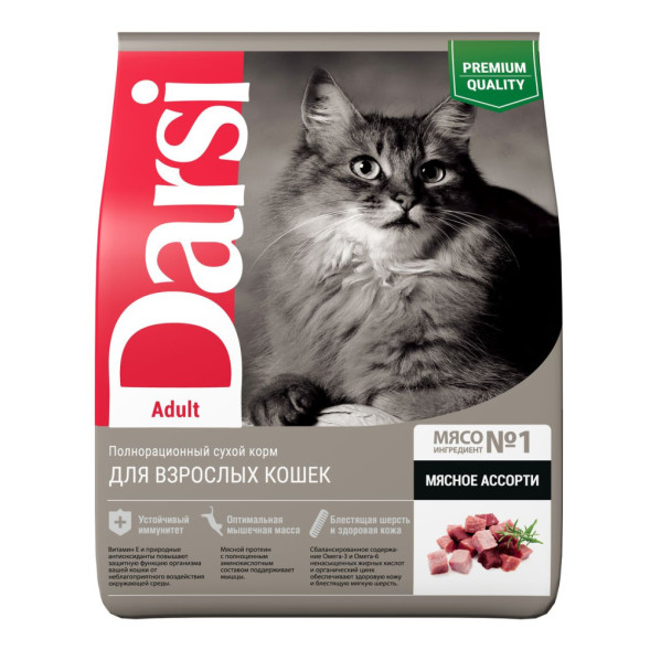 Darsi Adult сухой корм для взрослых кошек ассорти мясное - 1,8 кг