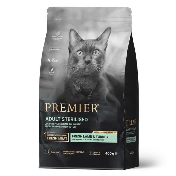 Premier Cat Lamb &amp;amp; Turkey Sterilised сухой корм для взрослых стерилизованных кошек, свежее мясо ягненка с индейкой - 400 г