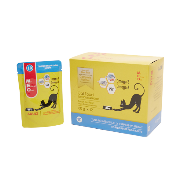 MEO влажный корм для взрослых кошек с тунцом и белой рыбой в желе, в паучах - 80 г х 12 шт