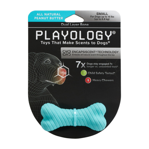 Playology DUAL LAYER BONE двухслойная жевательная косточка для собак с ароматом арахиса, маленькая, голубой
