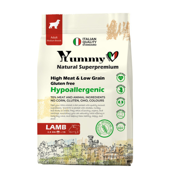 Yummy Linea сухой низкозерновой корм для взрослых собак средних пород, с ягненком - 2,5 кг