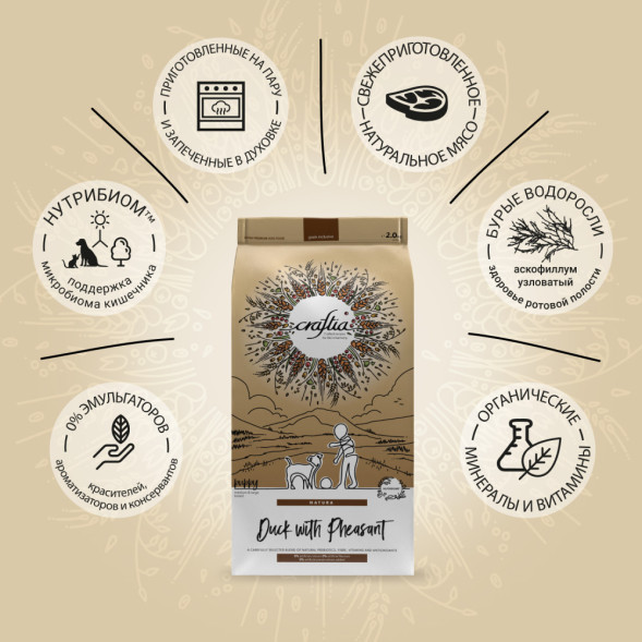 CRAFTIA NATURA сухой корм для щенков средних и крупных пород из с уткой и фазаном - 2 кг