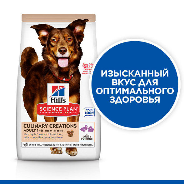 Hills Science Plan Culinary Creations сухой корм для взрослых собак средних пород для поддержания иммунитета, с уткой и картофелем - 2,5 кг