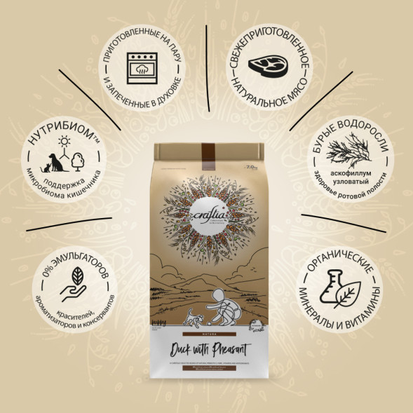 CRAFTIA NATURA сухой корм для щенков миниатюрных и мелких пород с уткой и фазаном - 7 кг