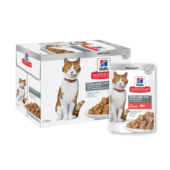 Влажный корм Hills Science Plan для молодых стерилизованных кошек и кастрированных котов, пауч с лососем в соусе - 85 г x 12 шт