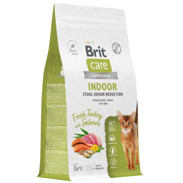 Brit Care Cat Indoor Stool Odour Reduction сухой корм для взрослых кошек домашнего содержания, с индейкой и лососем - 1,5 кг