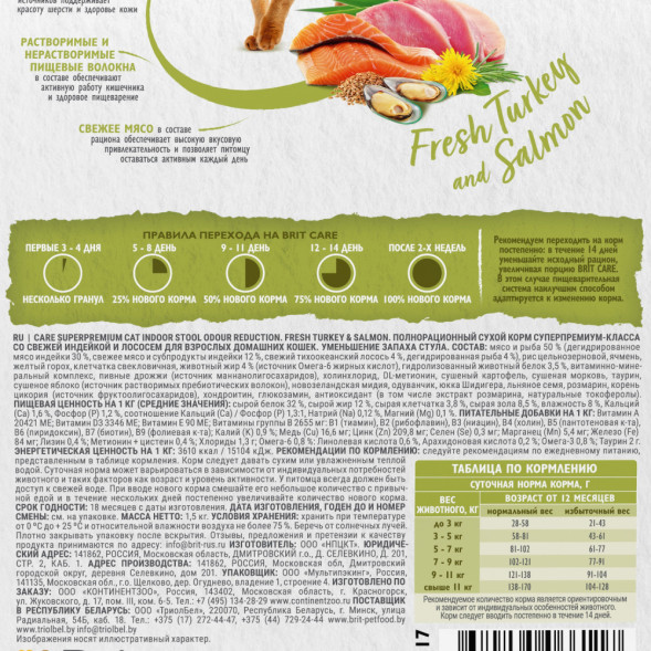 Brit Care Cat Indoor Stool Odour Reduction сухой корм для взрослых кошек домашнего содержания, с индейкой и лососем - 1,5 кг