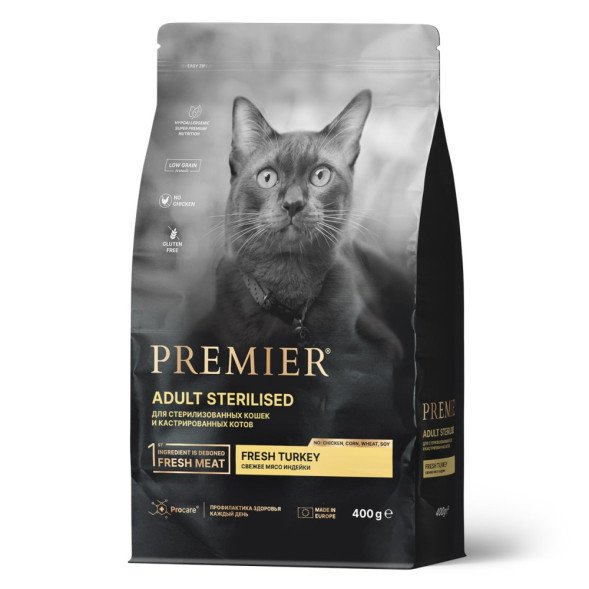 Premier Cat Turkey Sterilised сухой корм для взрослых стерилизованных кошек, свежее мясо индейки - 400 г