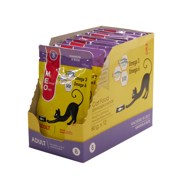 MEO влажный корм для взрослых кошек с макрелью в желе, в паучах - 80 г х 12 шт