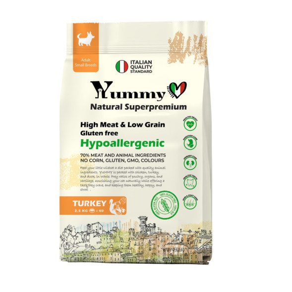Yummy Linea сухой низкозерновой корм для взрослых собак мелких и миниатюрных пород, с индейкой - 2,5 кг
