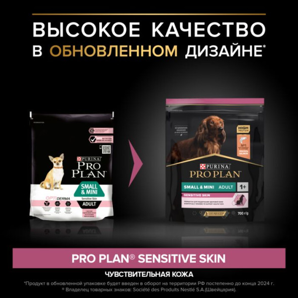 Сухой корм PRO PLAN® для взрослых собак мелких и карликовых пород с чувствительной кожей, с высоким содержанием лосося 700 г