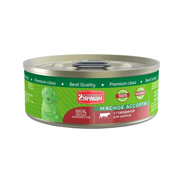 Четвероногий Гурман Мясное ассорти консервированный корм с говядиной для щенков - 100 г (24 шт)