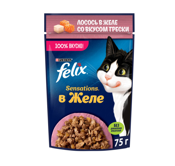 Felix Sensations влажный корм для взрослых кошек, лосось и треска в желе, в паучах - 75 г х 26 шт