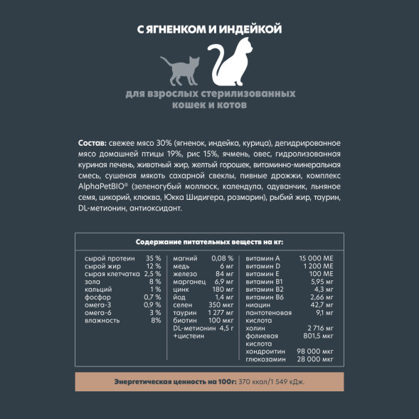 AlphaPet Superpremium сухой полнорационный корм для взрослых стерилизованных кошек и котов с ягненком и индейкой - 400 г