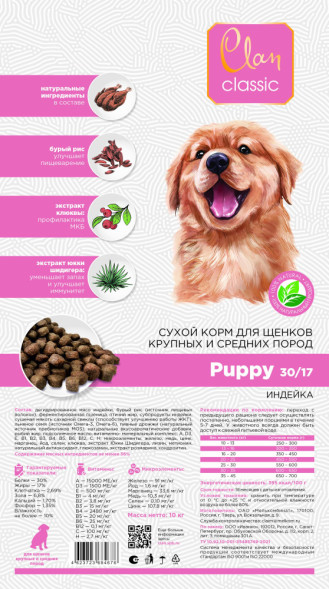 Clan Classic Puppy 30/17 сухой корм для щенков крупных и средних пород с индейкой - 10 кг