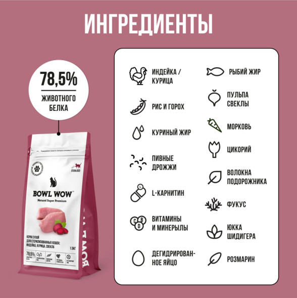 BOWL WOW сухой корм для стерилизованных кошек, с индейкой и свеклой - 1,5 кг