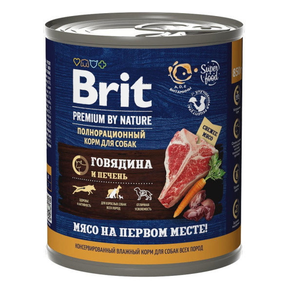 Brit Premium by Nature консервы для взрослых собак всех пород с говядиной и печенью - 850 г х 6 шт