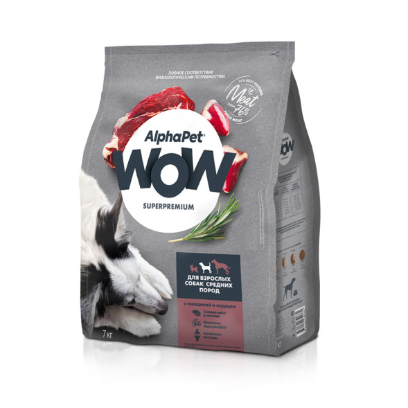 AlphaPet WOW Superpremium полнорационный сухой корм для взрослых собак средних пород с говядиной и сердцем - 7 кг