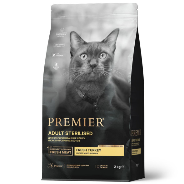 Premier Cat Turkey Sterilised сухой корм для взрослых стерилизованных кошек, свежее мясо индейки - 2 кг
