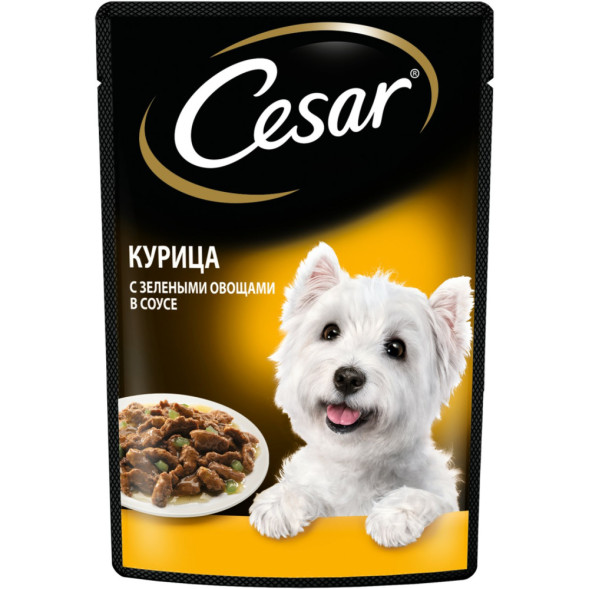Cesar влажный корм для взрослых собак с курицей с зелеными овощами, в паучах - 85 г х 28 шт