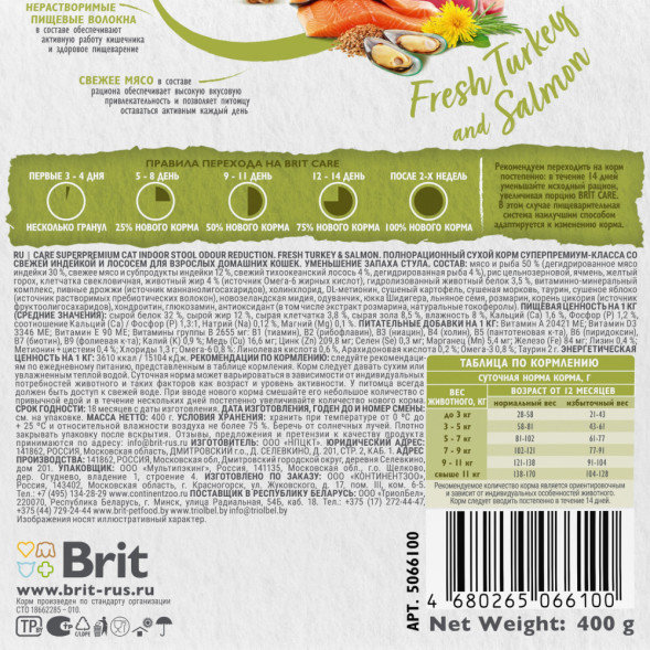 Brit Care Cat Indoor Stool Odour Reduction сухой корм для взрослых кошек домашнего содержания, с индейкой и лососем - 400 г