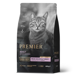 Premier Cat Salmon &amp;amp; Turkey Adult сухой корм для взрослых кошек, свежее филе лосося с индейкой - 400 г