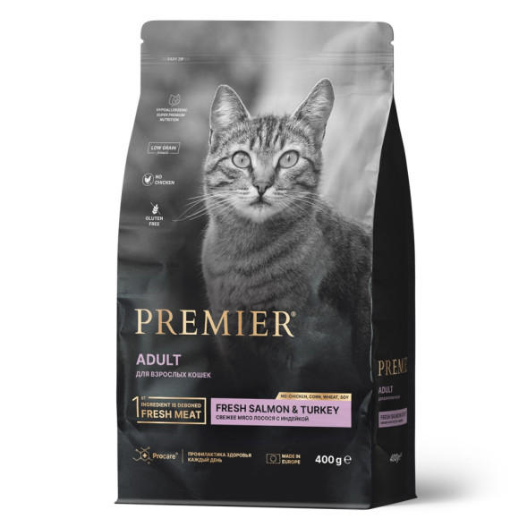 Premier Cat Salmon &amp;amp; Turkey Adult сухой корм для взрослых кошек, свежее филе лосося с индейкой - 400 г