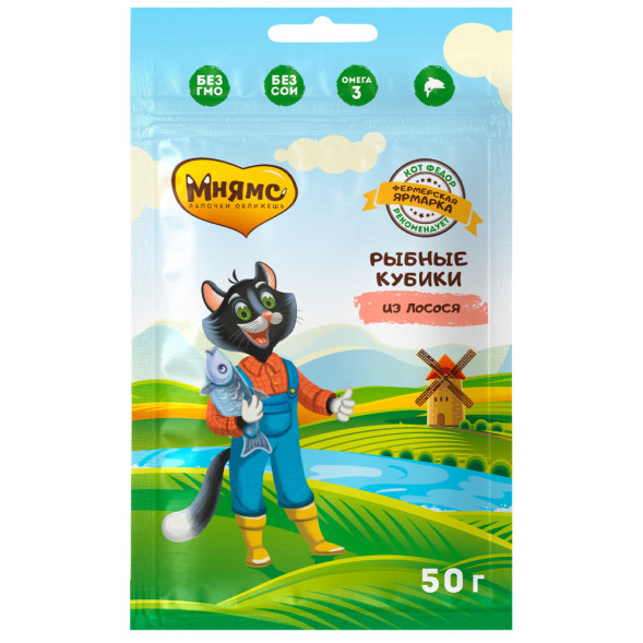 Мнямс Фермерская Ярмарка лакомство для кошек рыбные кубики из лосося - 50 г