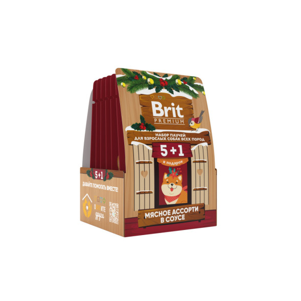 Brit Premium кормушка набор паучей для взрослых собак всех пород с мясным ассорти, кусочки в соусе - 85 г х 5+1 шт