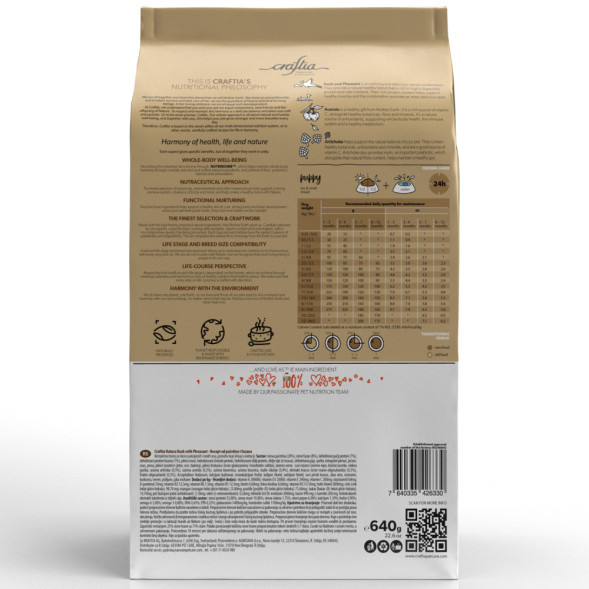 CRAFTIA NATURA сухой корм для щенков миниатюрных и мелких пород с уткой и фазаном - 640 г