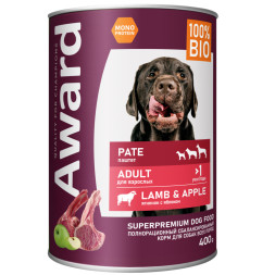 AWARD влажный корм для взрослых собак, паштет с ягненком и яблоком, в консервах - 400 г х 12 шт