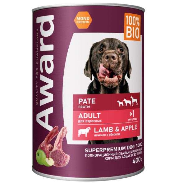 AWARD влажный корм для взрослых собак, паштет с ягненком и яблоком, в консервах - 400 г х 12 шт