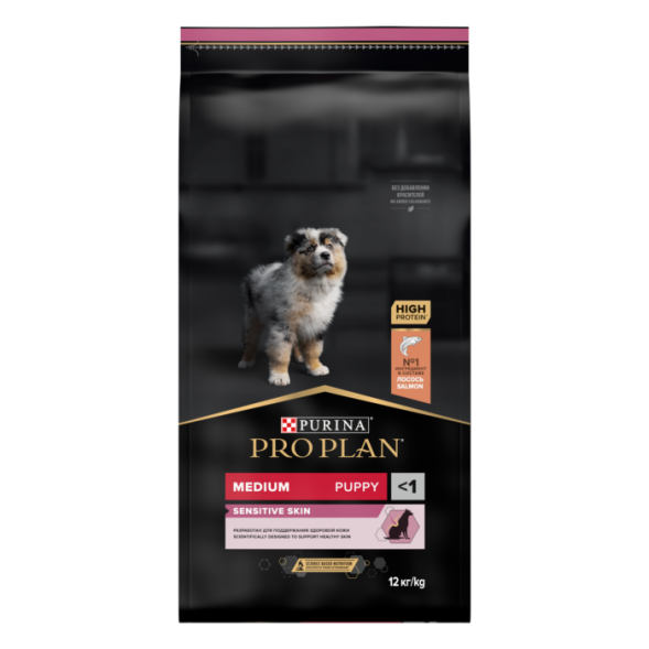 Сухой корм PRO PLAN® для щенков средних пород с чувствительной кожей, с высоким содержанием лосося 12 кг