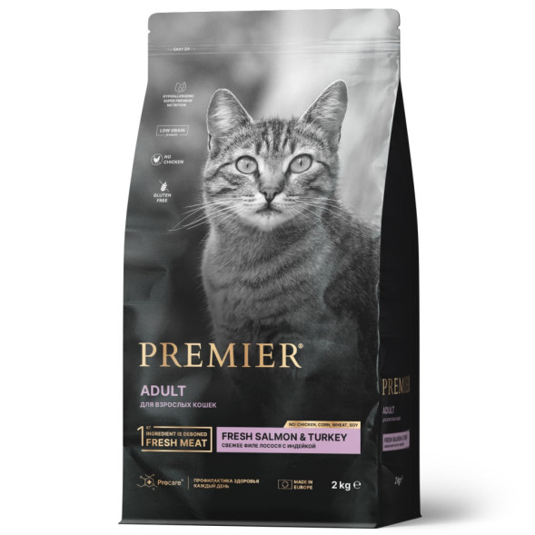 Premier Cat Salmon &amp;amp; Turkey Adult сухой корм для взрослых кошек, свежее филе лосося с индейкой - 2 кг