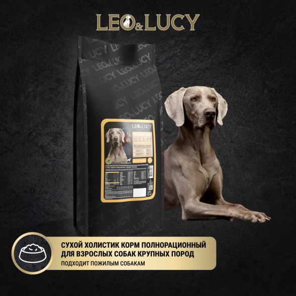 LEO&amp;amp;LUCY сухой холистик корм для взрослых и пожилых собак крупных пород с уткой и тыквой - 12 кг
