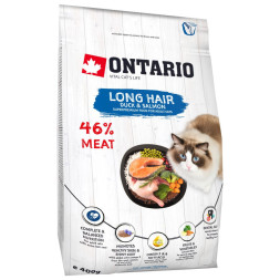 Ontario Cat Longhair сухой корм для взрослых кошек длинношерстных пород с уткой и лососем - 400 г