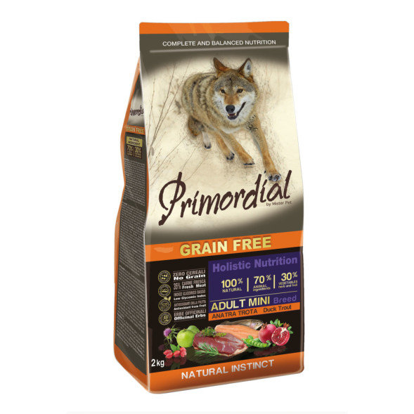 Сухой корм Primordial для собак мелких пород беззерновой с форелью и уткой - 2 кг