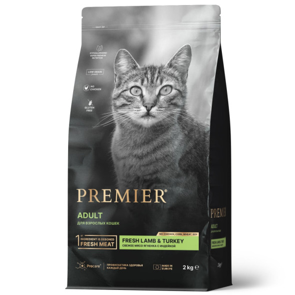 Premier Cat Lamb &amp;amp; Turkey Adult сухой корм для взрослых кошек, свежее мясо ягненка с индейкой - 2 кг