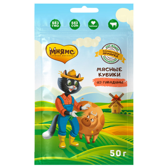 Мнямс Фермерская Ярмарка лакомство для кошек мясные кубики из говядины - 50 г